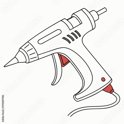 A simple line drawing illustration of a white hot glue gun with red accents on the trigger and cord connection isolated on a white background representing a crafting tool