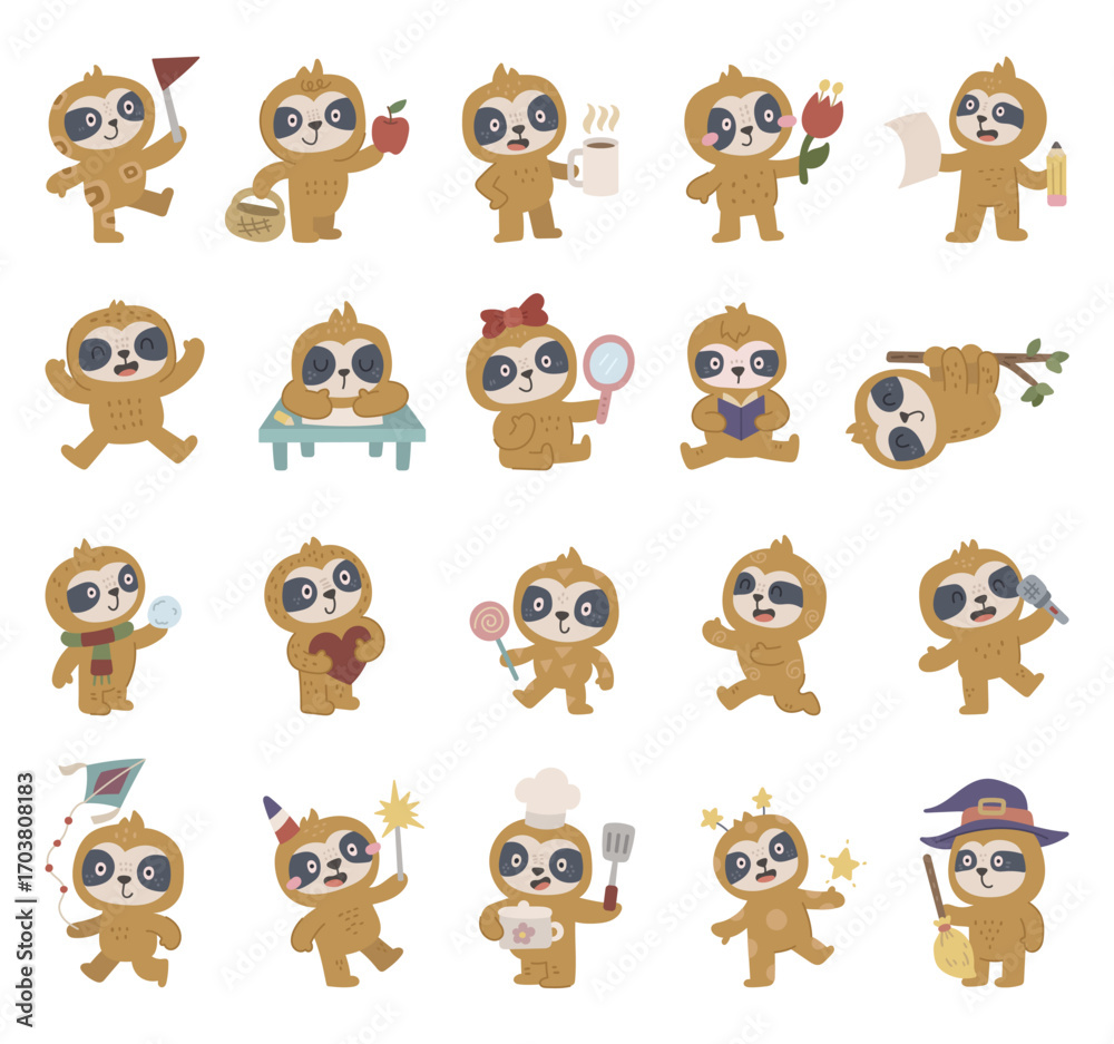 Fototapeta premium Sloth character set in scandinavian style showing different emotions and poses including studying, reading, cooking, sleeping, birthday, valentine, holiday, parade, celebration, festival