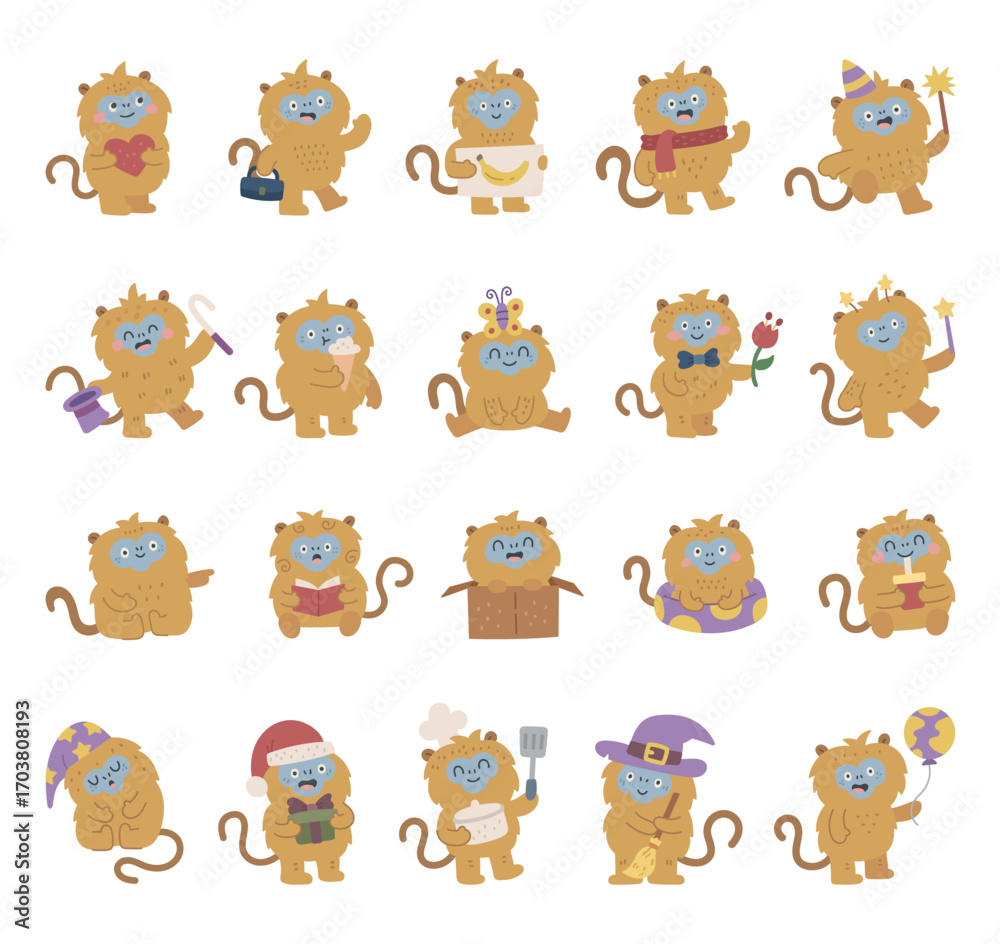 Obraz premium Golden monkey character set in scandinavian style showing different emotions and poses with holiday, celebration, birthday, valentine, christmas, halloween, study, reading, cooking, vacation
