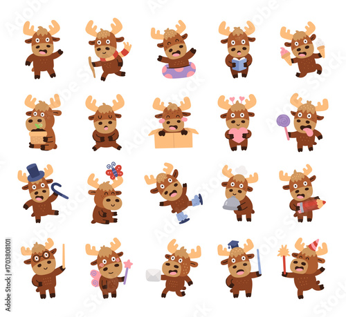 Moose character set in scandinavian style with different emotions and poses including birthday, holiday, celebration, valentine, cooking, studying, reading, skating, teacher, letter, mail