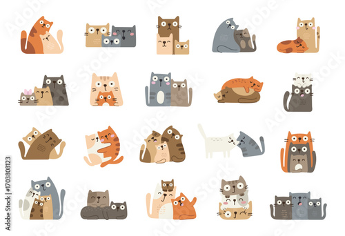 Family cat character set in scandinavian style showing kittens with parents in different emotions and poses including cuddling, hugging, sleeping, playing, resting, love and affection