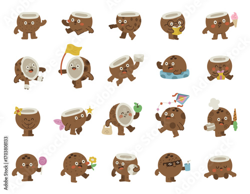 Coconut character set in scandinavian style showing different emotions and poses including greeting, studying, cooking, celebrating, relaxing, shopping, reading, sleeping, eating and drinking