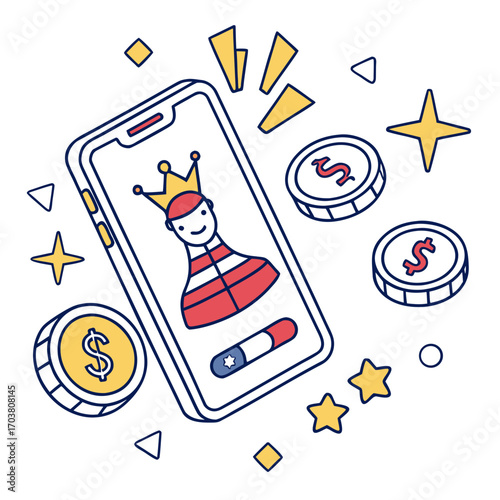 A playful cartoon illustration of a smartphone displaying a king chess piece with a crown and a progress bar surrounded by golden coins and sparkling stars symbolizing mobile gaming and success