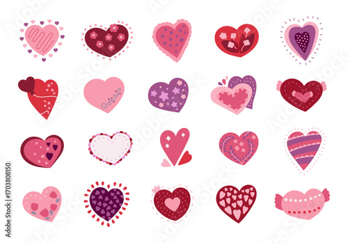 Heart valentine love set in scandinavian style with different decorative shapes romantic symbols festive object affection romance perfect for your creative designs projects