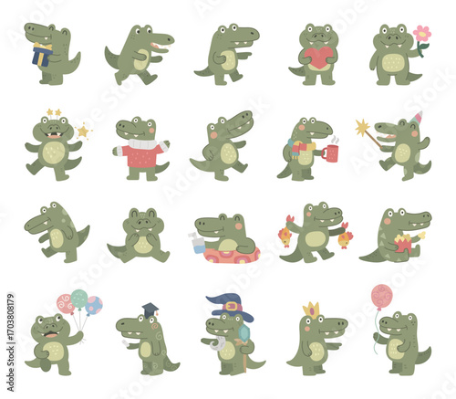 Crocodile character set in scandinavian style showing different emotions and poses with birthday, celebration, valentine, education, vacation, holiday, rest, magic, food and drink