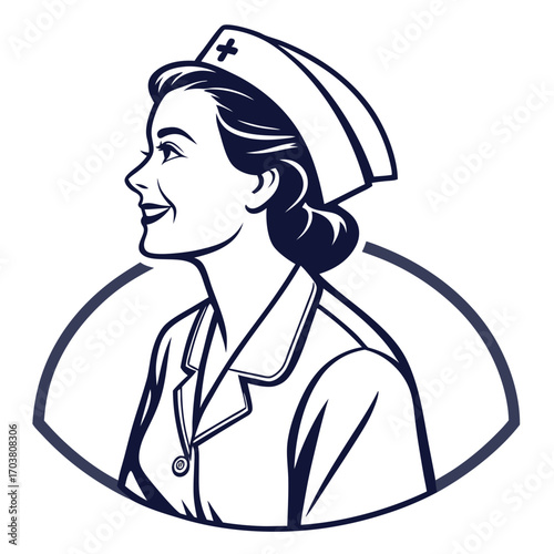 Retro style nurse emblem featuring a smiling woman in uniform and cap with a cross symbol in a circular frame
