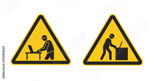 Yellow caution warning sign with pedestrian and school crossing symbols
