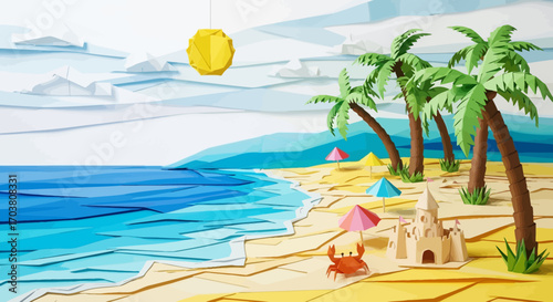 Tropical beach with palm trees ocean waves and sunny sky cartoon vector illustration