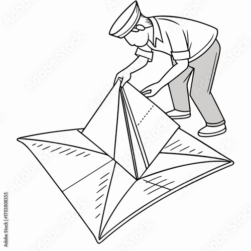 A person wearing a cap and uniform is carefully folding a large paper object possibly a kite or a boat with precise movements and attention to detail