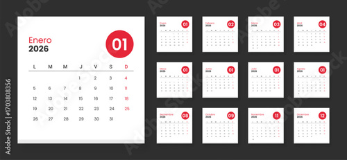 2026 Spanish language Calendar Planner Set. Vector layout of a wall or desk simple calendar.