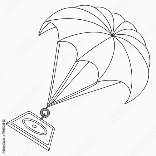 A simple line drawing of a parachute with a square payload attached by lines symbolizing safe descent and delivery