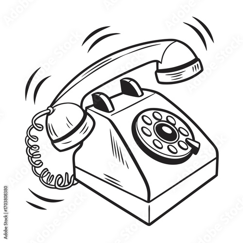 Retro rotary dial telephone ringing with the handset off the hook in a black and white illustration style evoking nostalgia and communication