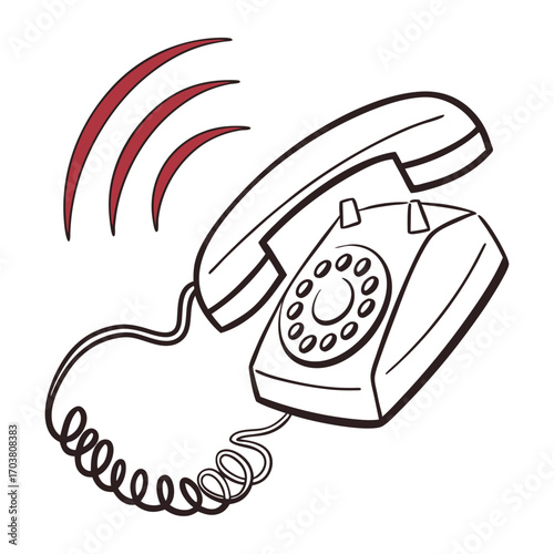 A vintage rotary dial telephone with its handset lifted and red sound waves emanating from it indicating an incoming call or ringing sound isolated on a white background