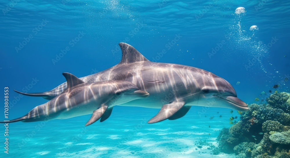Fototapeta premium Two dolphins swimming gracefully in clear blue ocean water near a coral reef.