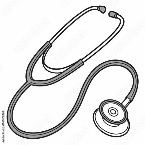 A simple clean and modern illustration of a gray stethoscope with black outlines on a white background perfect for medical and healthcare concepts