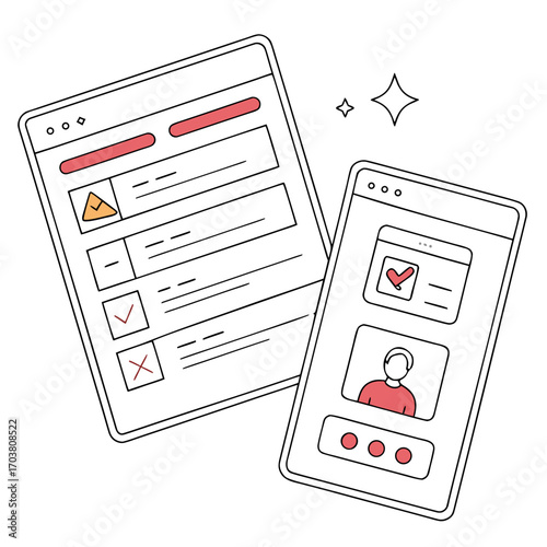Modern flat design illustration of a digital checklist on a tablet screen and a user profile on a smartphone screen with checkmarks and icons symbolizing tasks and progress