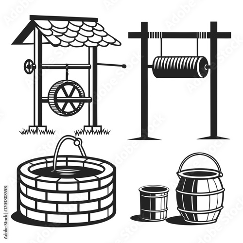 Collection of vintage well designs including a brick well with a bucket a wooden well with a crank and wheel a simple pulley system and two wooden barrels for water collection
