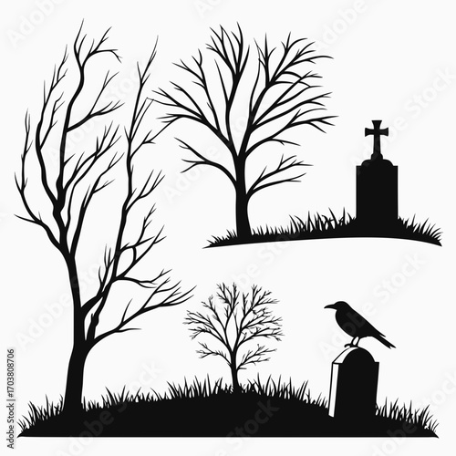 Silhouette of bare trees and tombstones with a crow perched on one set against a white background evoking a spooky halloween or autumnal graveyard scene