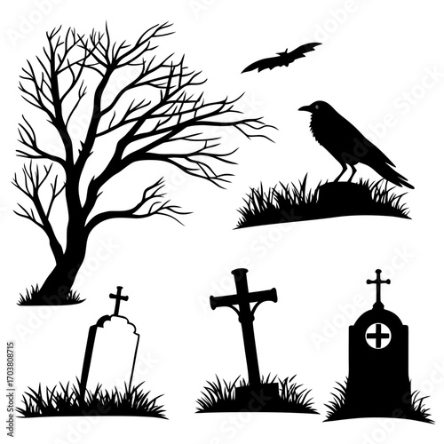 A spooky halloween silhouette collection featuring a bare tree a perched crow a flying bat and several gravestones with crosses and grass against a white background