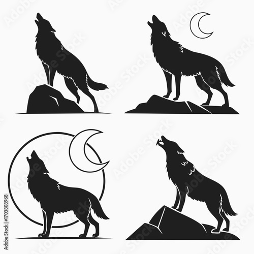 Set of four stylized black silhouette illustrations of wolves howling at the moon or standing on rocks against a white background
