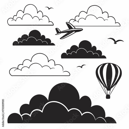 A collection of stylized black and white cloud illustrations featuring an airplane a hot air balloon and birds in flight perfect for graphic design and conceptual art