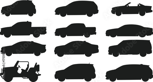 Silhouette vector illustration of different car types including SUV, sedan, pickup, van, and convertible, ideal for automotive, transport, and vehicle design