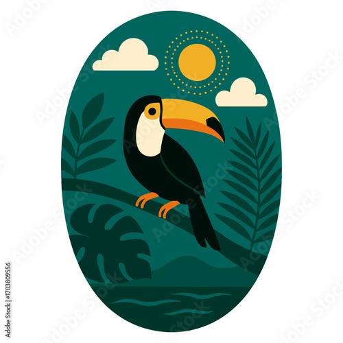 Toucan in Tropical Rainforest – Oval Badge Vector