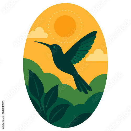 Hummingbird Silhouette over Green Hills – Sunny Day Badge