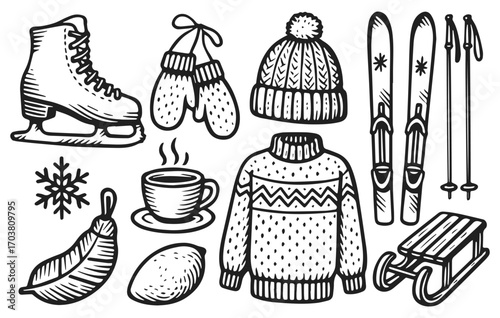 Hand drawn winter clothes and holiday equipment collection with sweater, hat, gloves, ski, sled, coffee, isolated on transparent background, generative ai