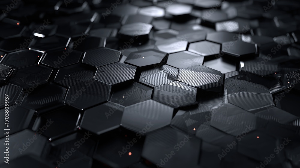 Fototapeta premium Black Honeycomb Hexagon Geometric Abstract Pattern Background - Minimalist Art Design Texture for Decoration, UI Design, Wallpaper and Tech Themes 