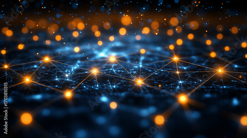 Glowing orange dots and blue lines form an abstract digital network structure on a dark background, representing data connections and technology.