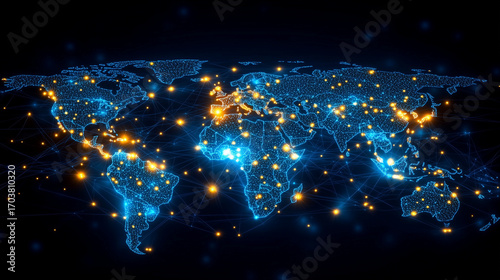 An abstract world map shows a digital global network with glowing lines and illuminated data points connecting countries.