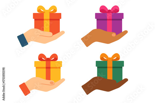 Gift and hands silhouette icon set. featuring gift boxes and hands holding presents