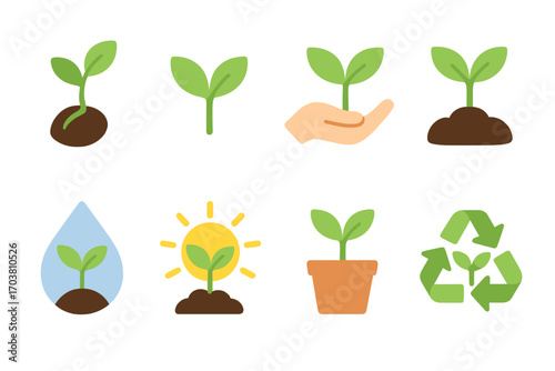 Agriculture and growth flat icon set. featuring plant, hand, soil, water, light, pot, recycle, sprout icons