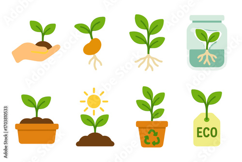 Gardening flat icon set. featuring seedling, hand, growth, jar, pot, sunlight, recycling, eco tag symbols