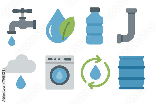 Water conservation flat icons set. featuring faucet, drop, leaf, bottle, pipe, cloud, washing machine, recycle, barrel