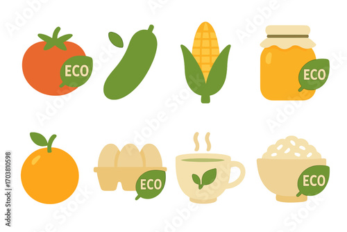 Eco-friendly food flat icon set. featuring tomato, cucumber, corn, honey, orange, eggs, tea, and rice