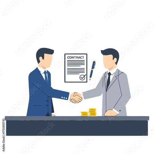 Two businessmen shaking hands over a contract
