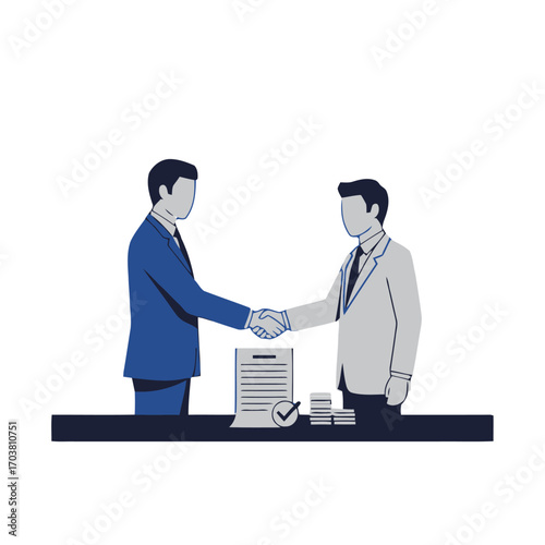 Two businessmen shaking hands over a contract and money