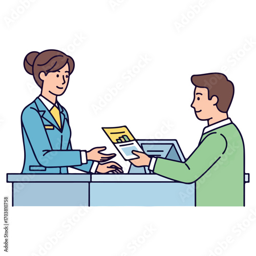 Bank teller assisting a customer with financial transactions at a counter.