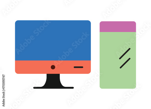 Colorful personal computer setup illustration. Simple graphic of a PC workstation with a display screen and system unit for business, web design, or home office themes.