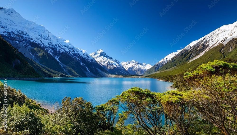 Obraz premium A Serene Lake In The Mountains Of New Zealand Surrounded By Lush Greenery And Tall Snow Capped Peaks Under A Clear Blue Sky