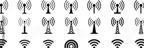 Vector set of wireless signal icons, including wifi, radio towers, and communication antennas, perfect for internet, technology, network, and connectivity designs