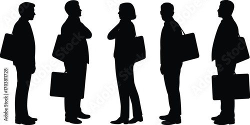 Vector silhouette of diverse business people standing with briefcases, professional office workers, corporate team, business communication, formal attire, office concept illustration