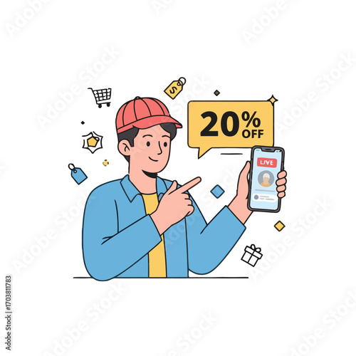 Man pointing at phone showing 20 off sale