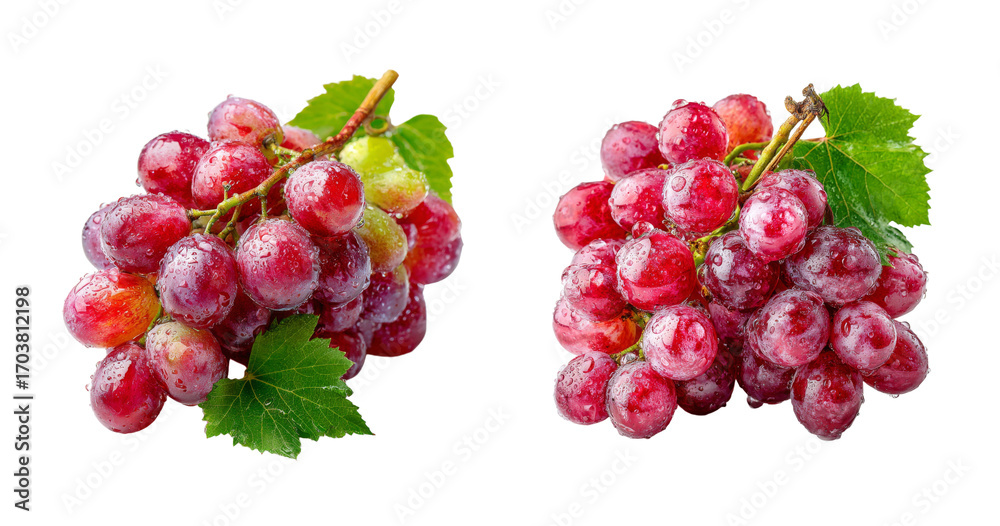 Obraz premium Fresh ripe red grapes with water droplets and green leaf, isolated on black PNG set, transparent background