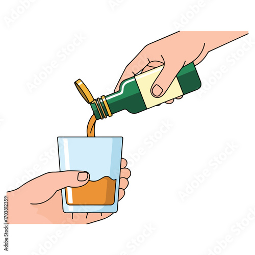 Pouring liquid from a bottle into a glass, close up shot.