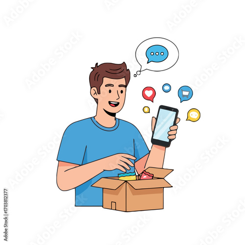 Man holding smartphone with shopping and chat icons