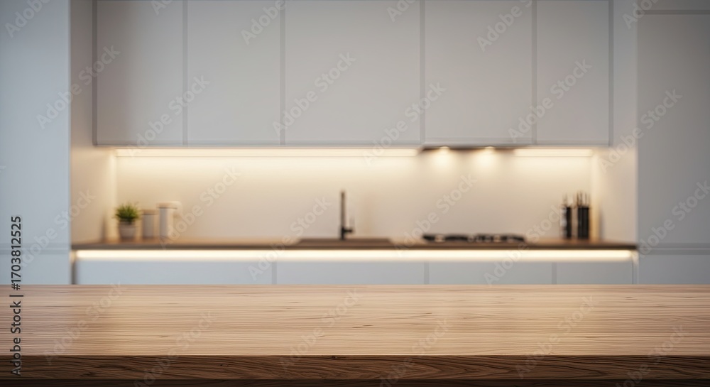 Fototapeta premium Empty Wooden Table Surface with Blurred Modern White Kitchen Backgound