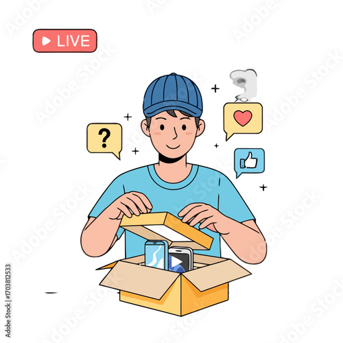 Man opening a box with products, live streaming